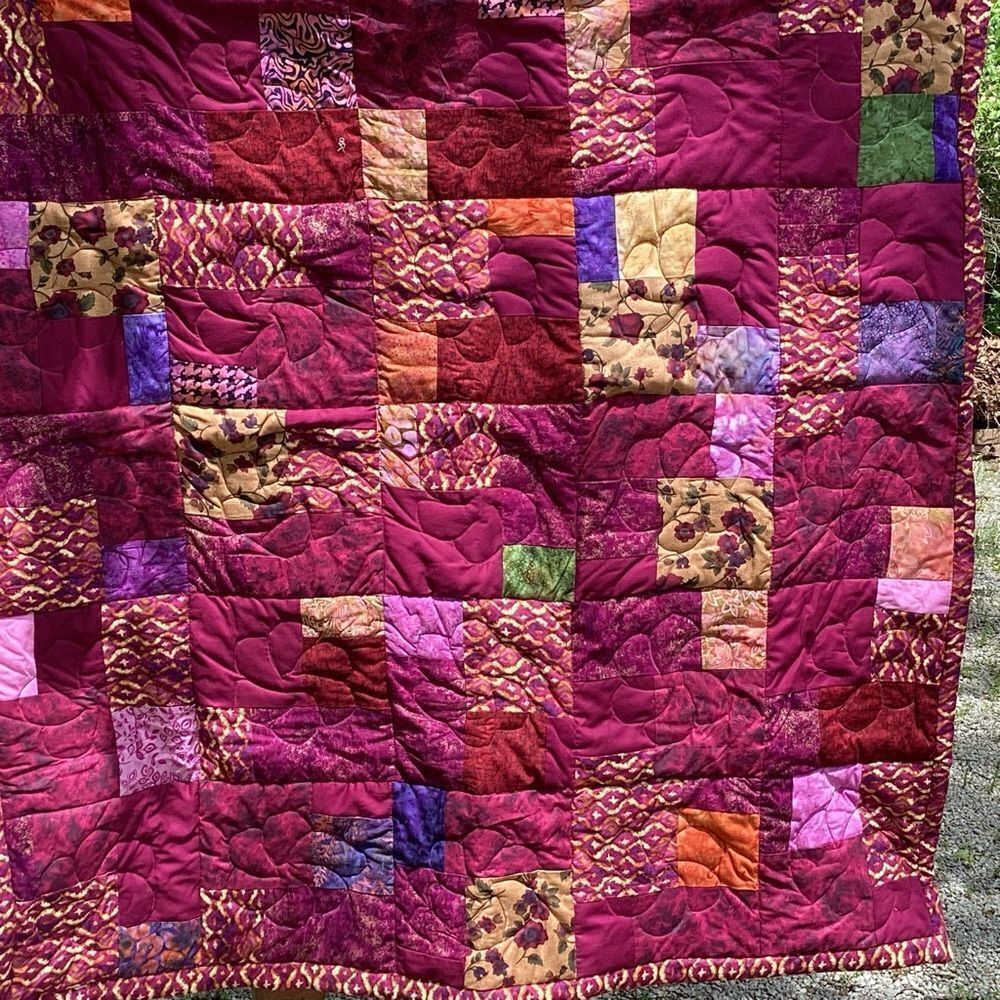 NWT. Hand Crafted Maroon/Wine Mixed Prints Lap Quilt